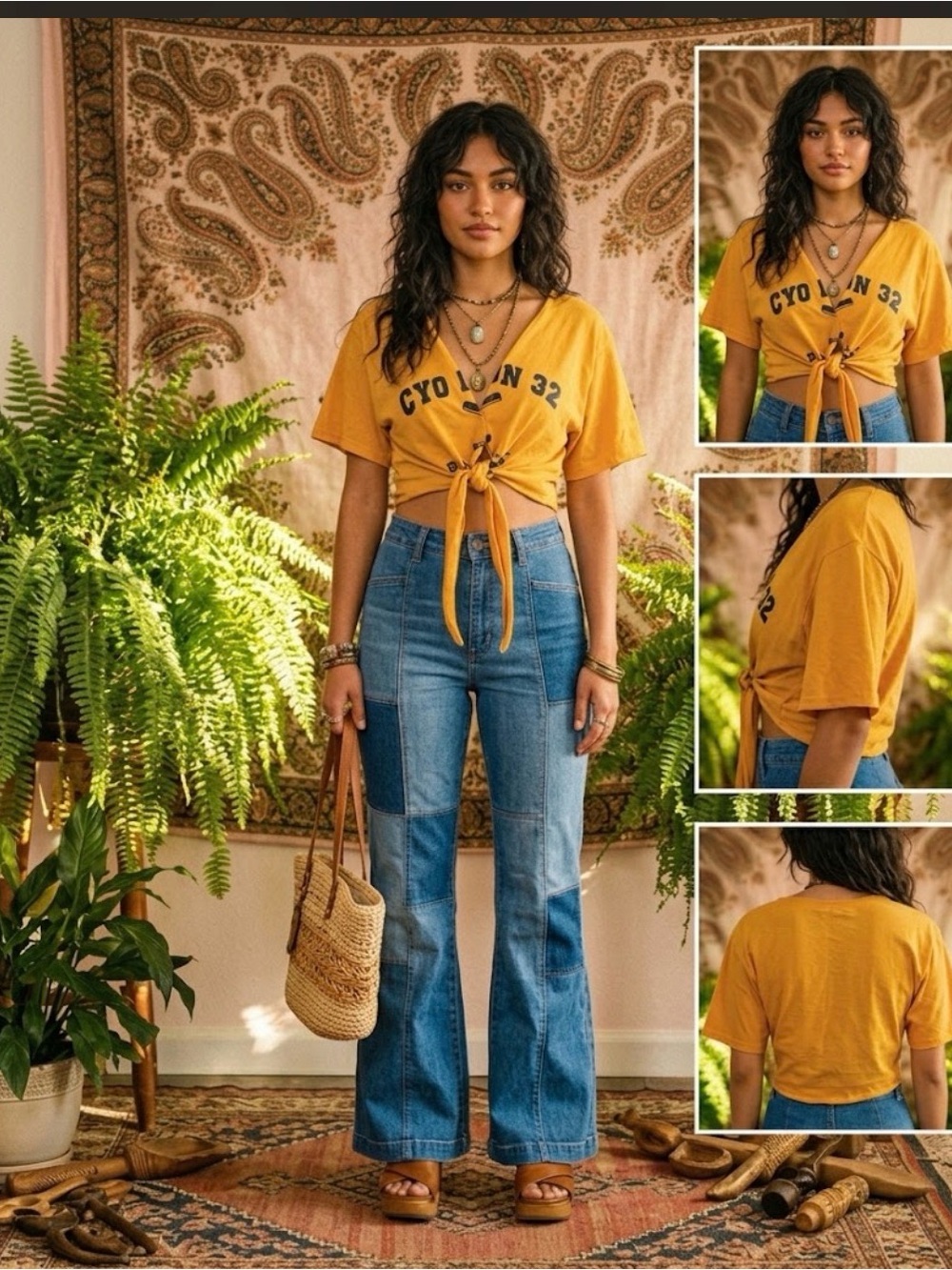 Refashioned tee . Women’s yellow Tie-Front Graphic Crop Top